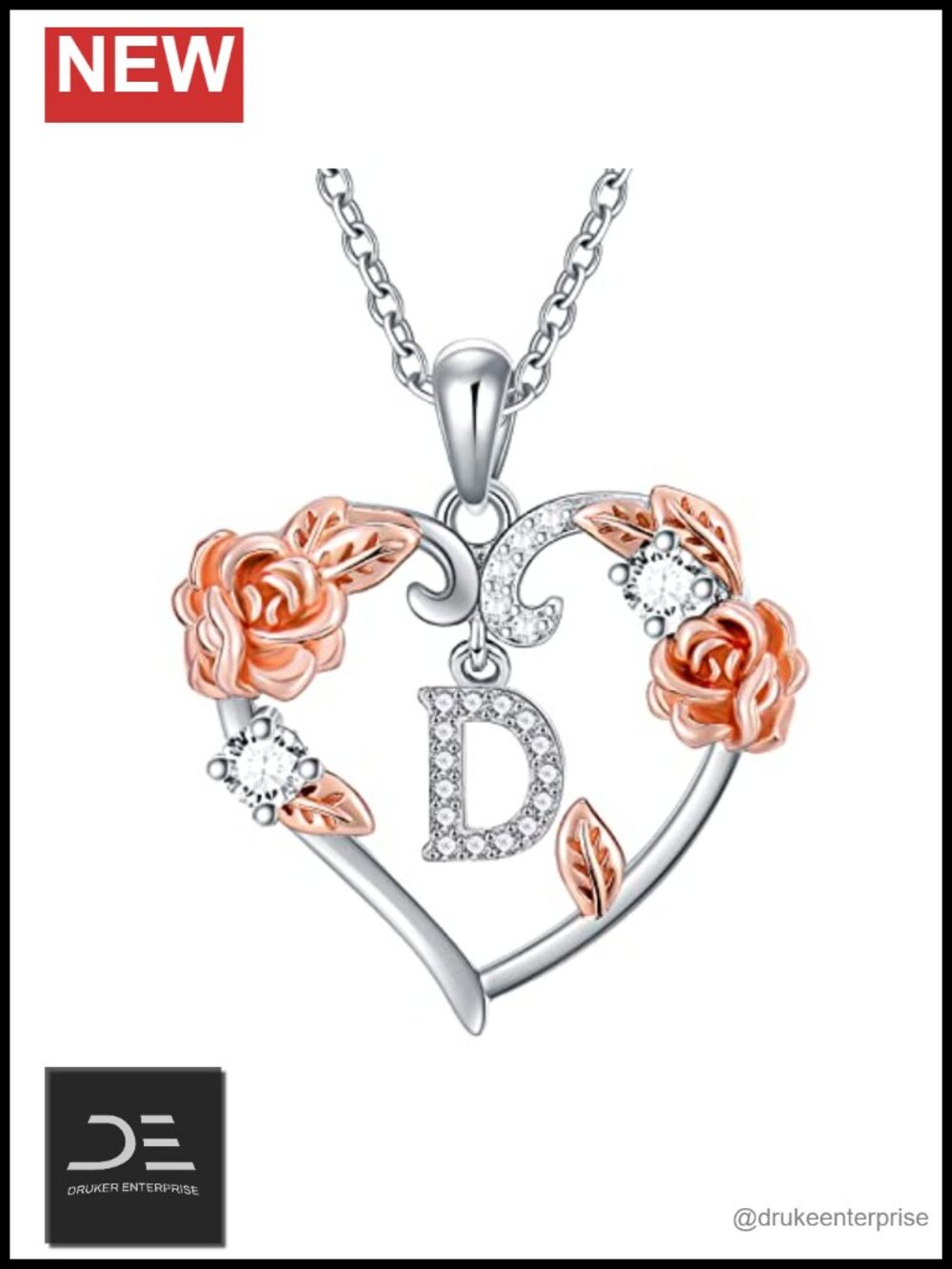 925 Sterling Silver Rose Heart Initial Letter Pendant Necklace 18 Inch Fine